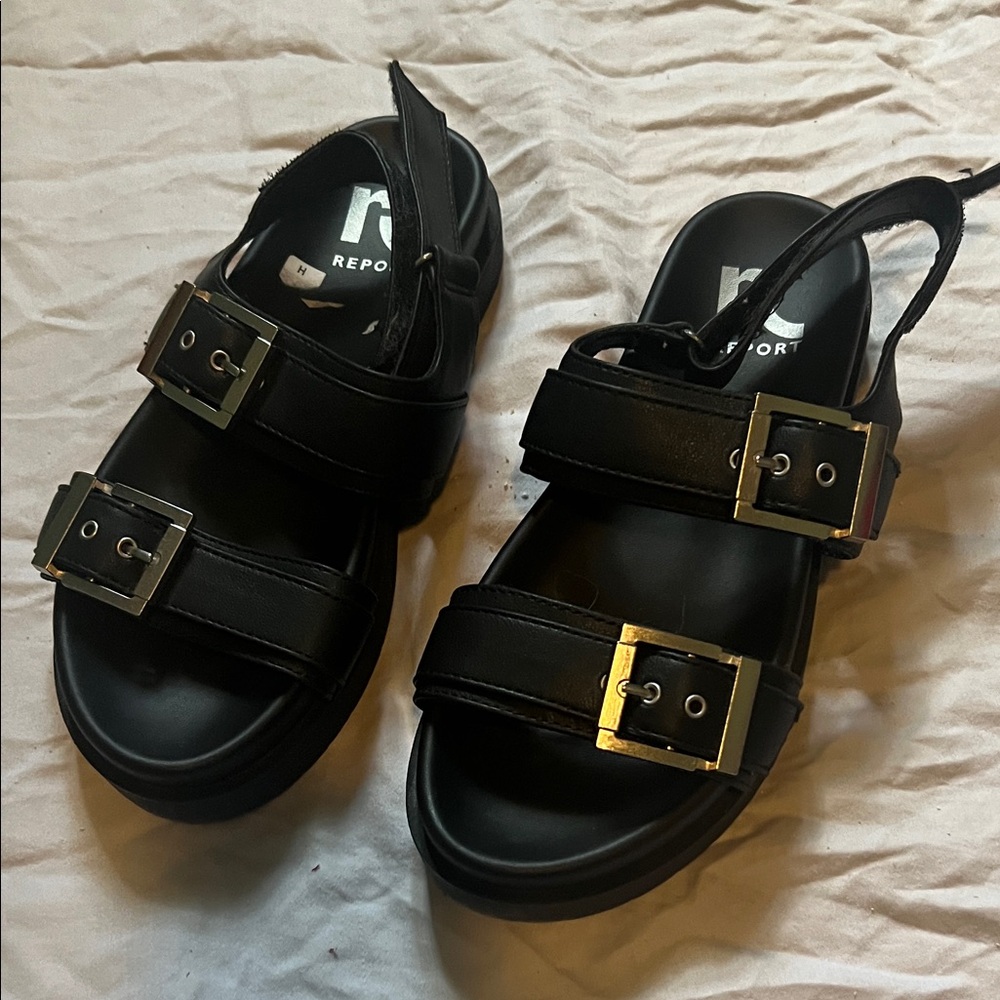 Report Black Double Buckle Sandals